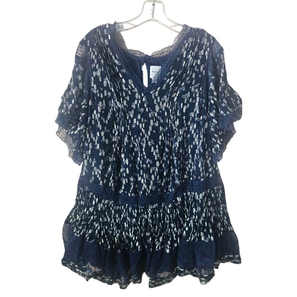Maeve Lurex Tiered Mini Dress V Neck Navy Gold Lace 1X